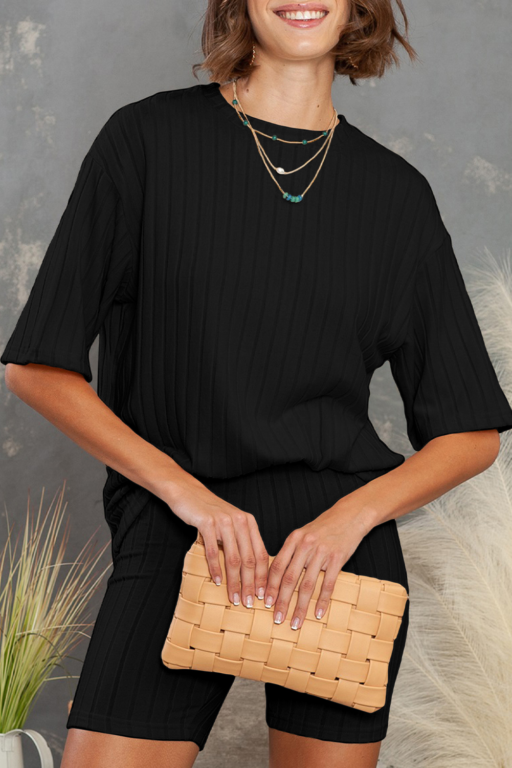 Black Ribbed Knit Drop Shoulder T Shirt & SHORTS Two Piece SHORTS Sets