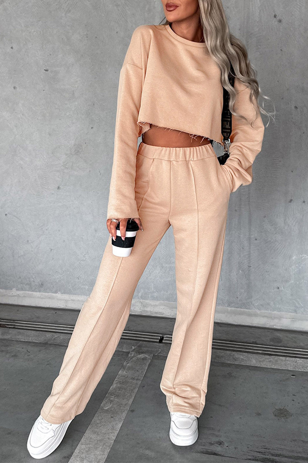 Khaki Long Sleeve Distressed Crop Top & Wide Leg Pants Set