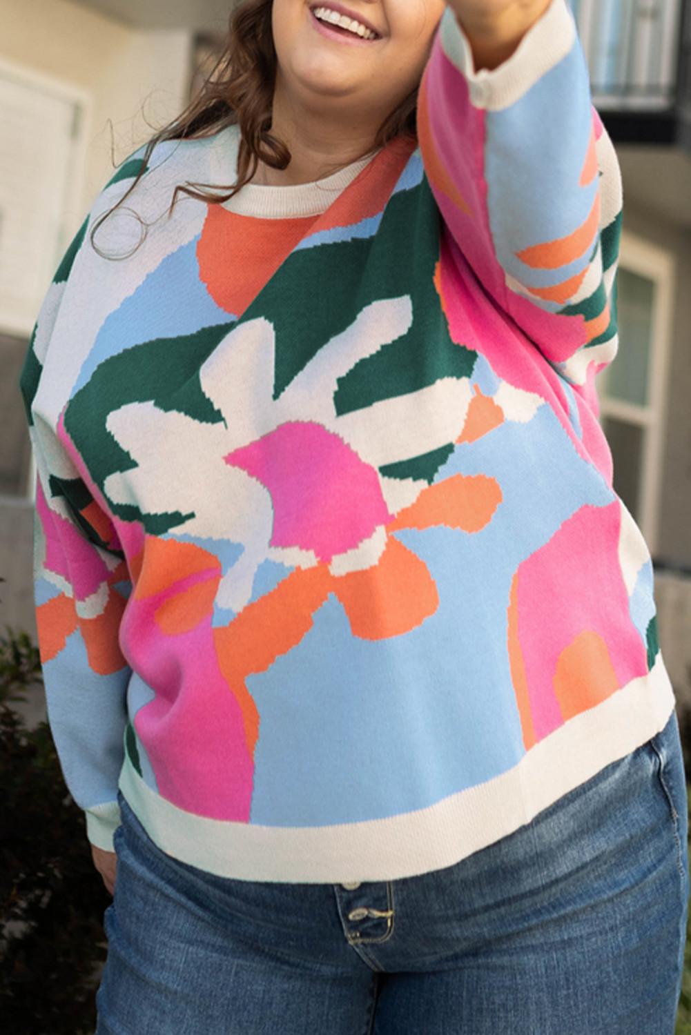 Multicolour Floral Print Plus Size Drop Shoulder Sweater