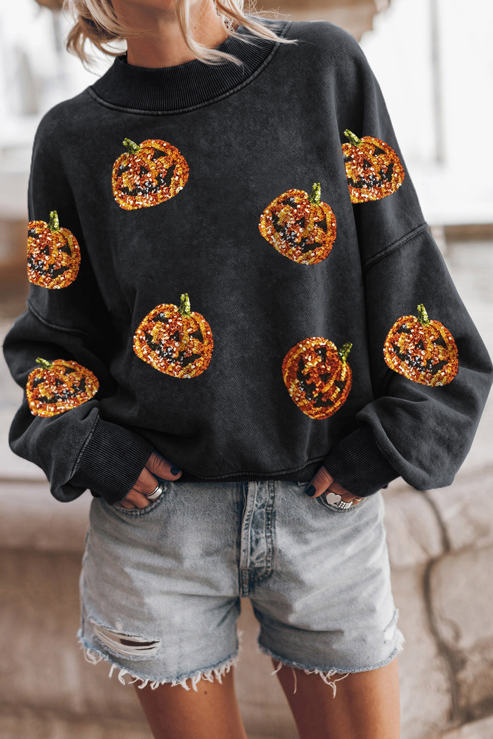 Black Halloween Pumpkin Drop Shoulder Graphic Sweatshirt
