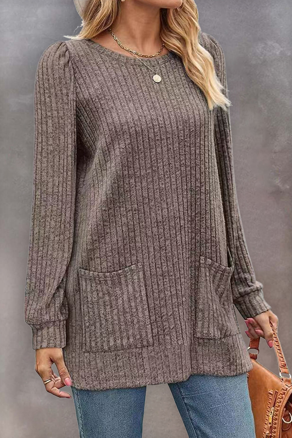 Brown Ribbed Pocket Casual Loose Fit Tunic Top