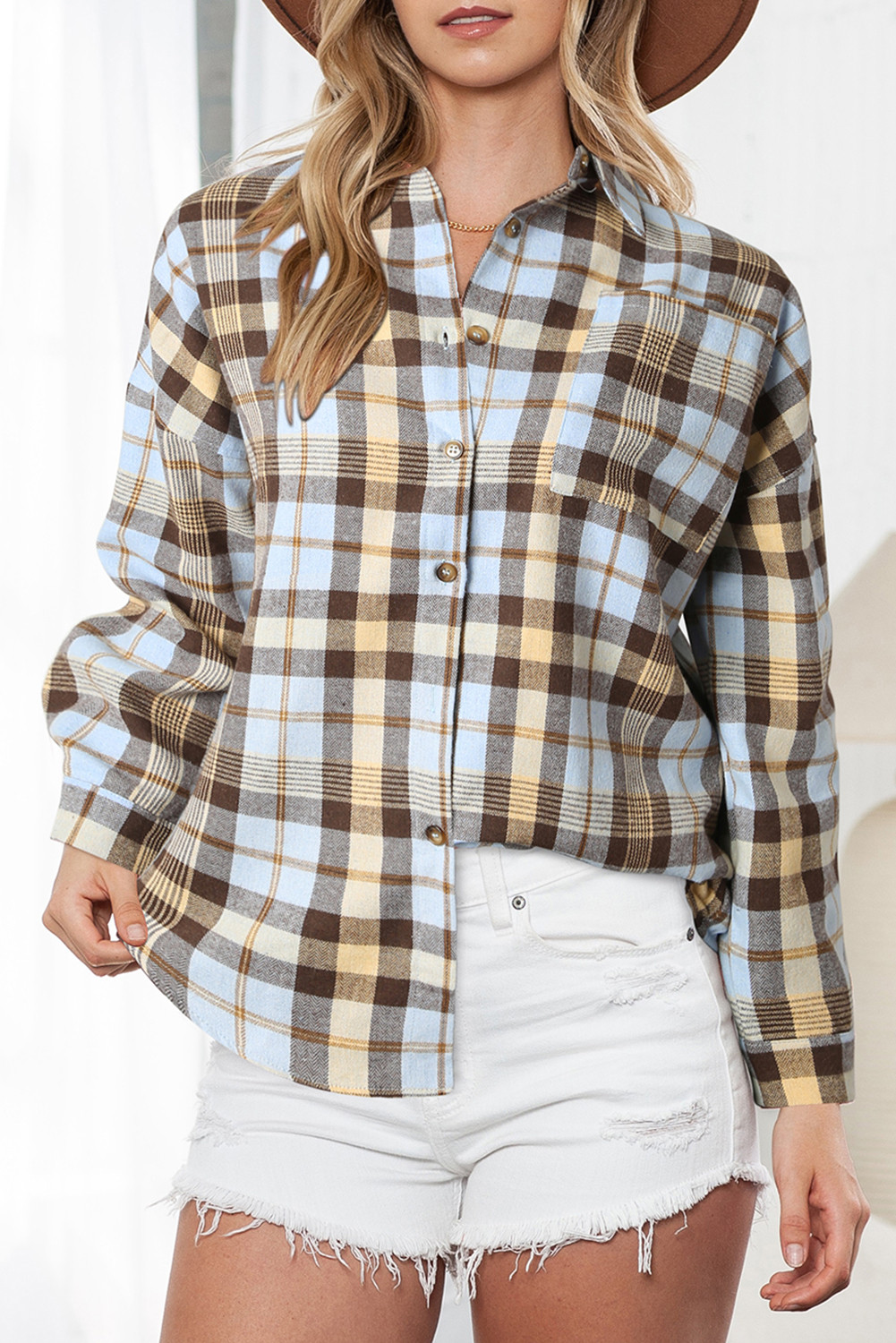 Sky Blue Drop Shoulder Rounded Hem Plaid Pattern Shacket