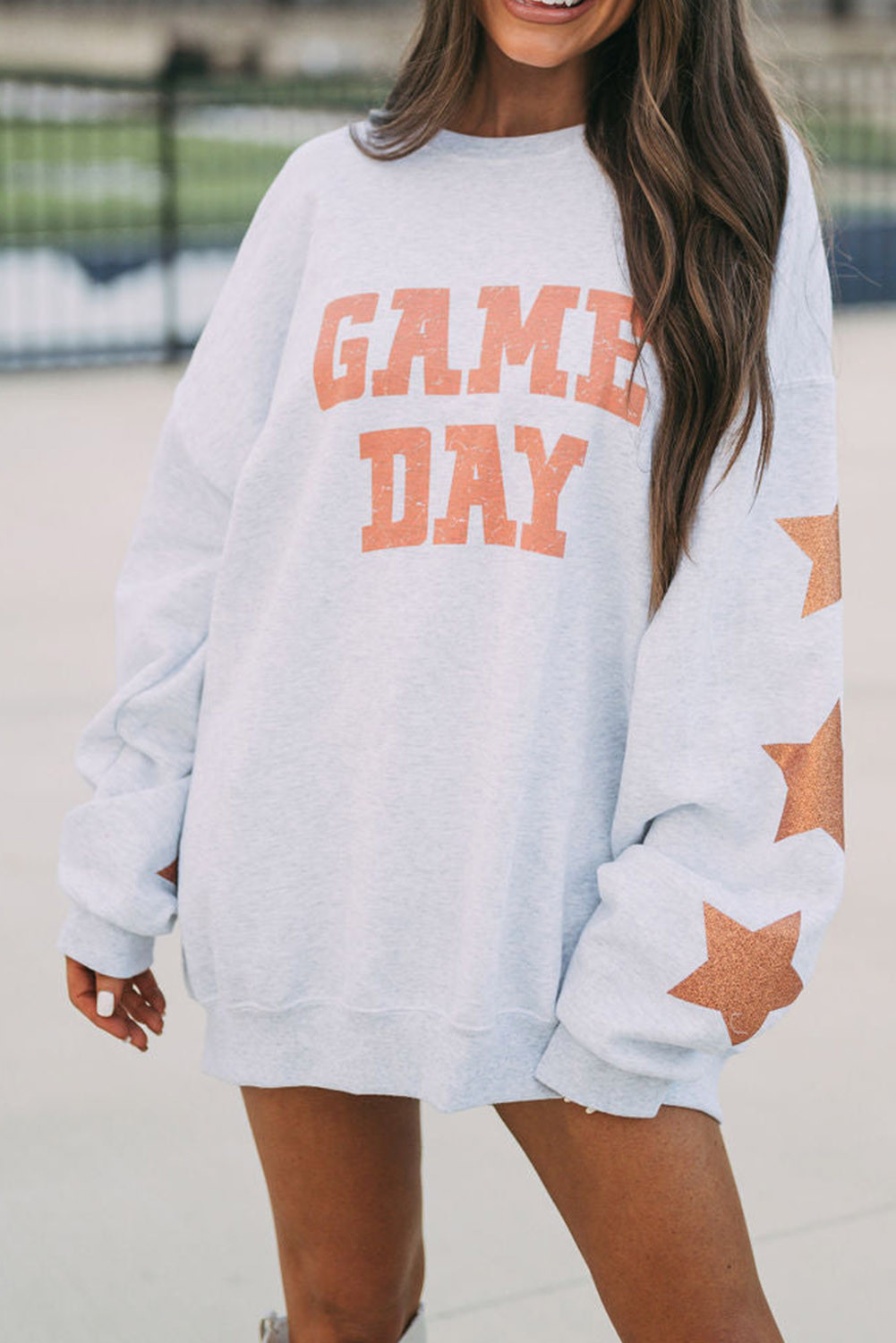 Orange Lettering Game Day Print Star Sleeve Sweatshirt