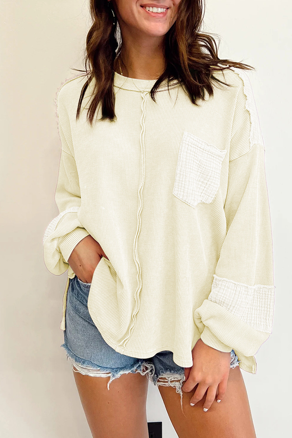 White Waffle And Crinkle Patchwork Long Sleeve Top