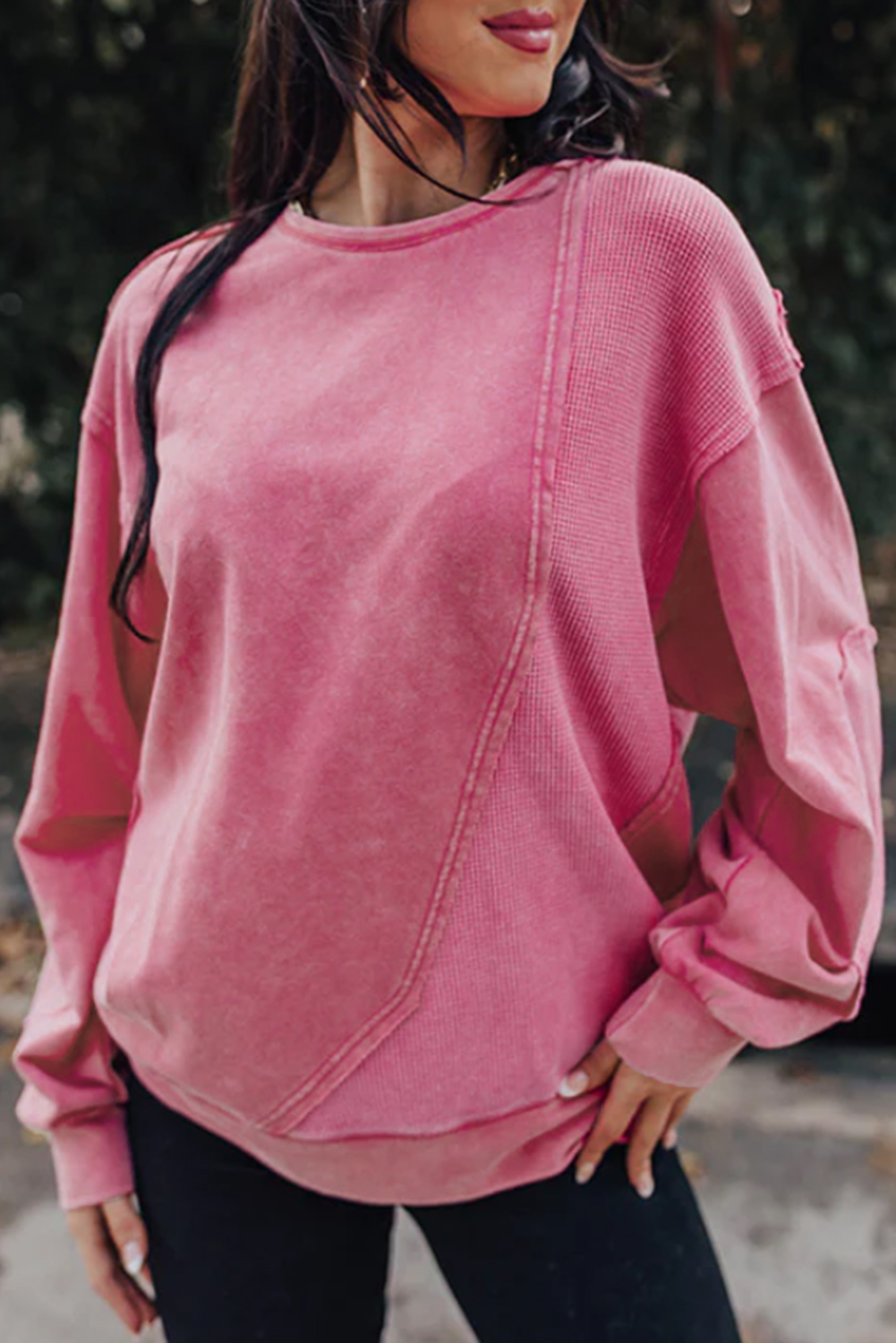 Shewin Wholesale Western Clothing  Pink Exposed Seam Waffle Knit Patchwork Sweatshirt