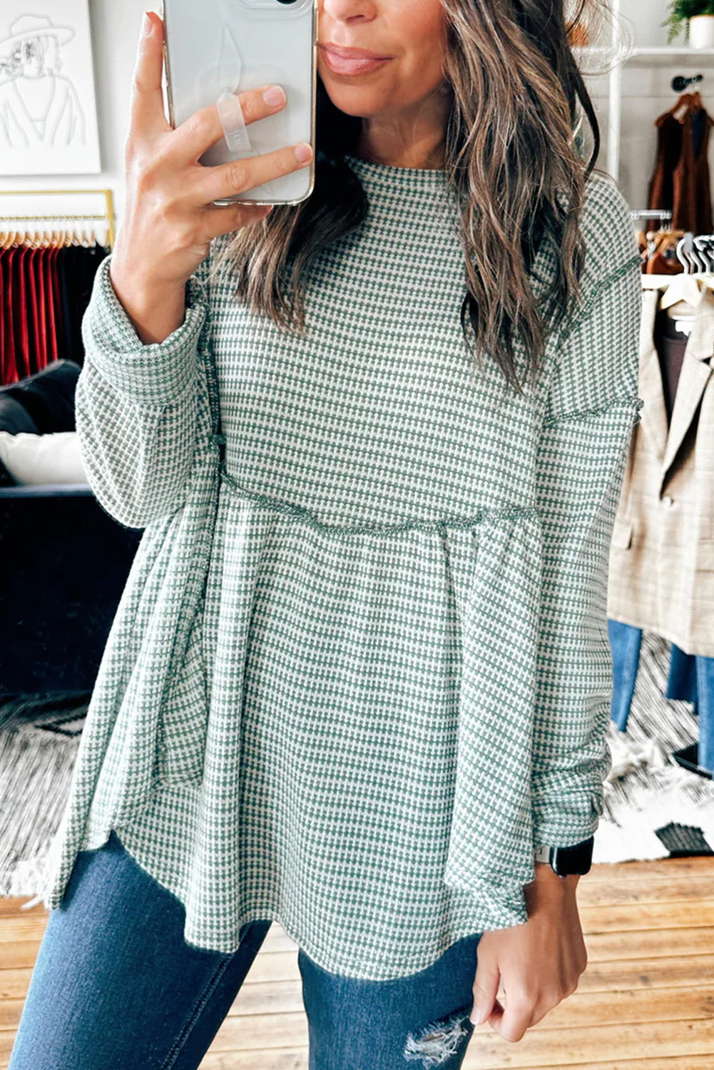Grass Green Gingham Exposed Seam Babydoll Top