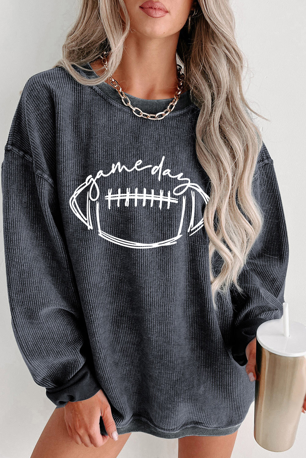 Shewin Wholesale Dropship Gray Corded Texture GAME Day Graphic Sweatshirt