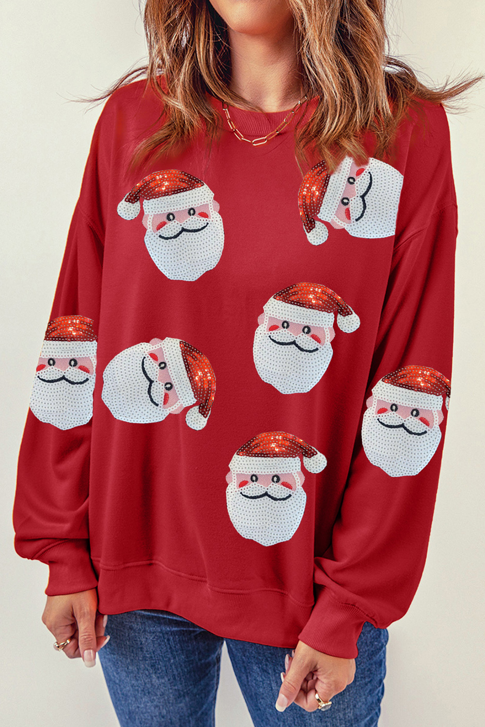 Shewin Wholesale Bulk Red Sequins Santa Claus Graphic CHRISTMAS Sweatshirt