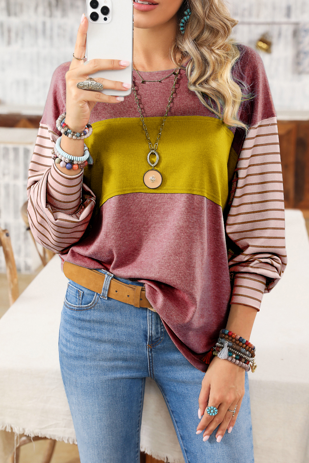 Shewin Wholesale WESTERN Clothing  Red Colorblock Striped Bishop Sleeve Top with Side Slits