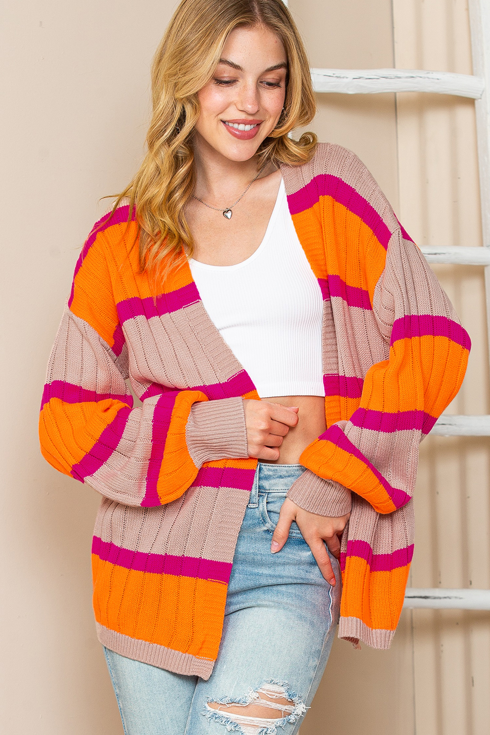 Shewin Wholesale WESTERN Orange Stripe Print Ribbed Knit Sweater Cardigan