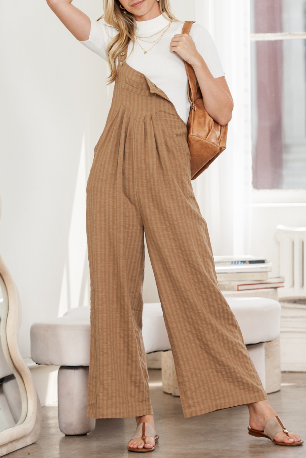 Brown Striped Pleated Pockets Wide Leg Jumpsuit