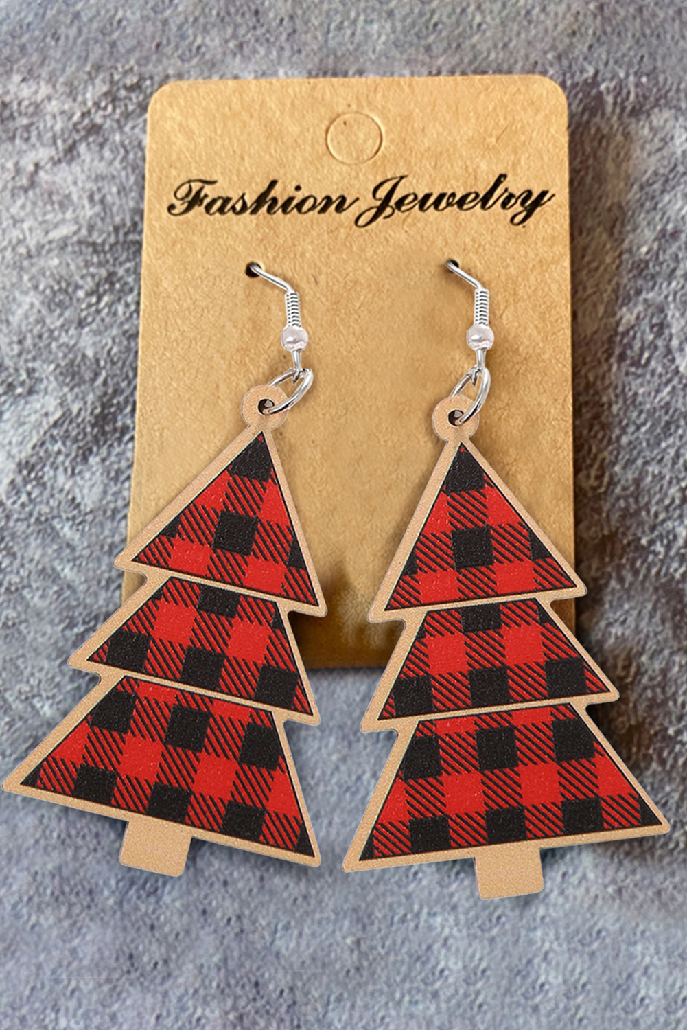 Red Plaid Christmas Tree Wooden Pendant EARRINGS