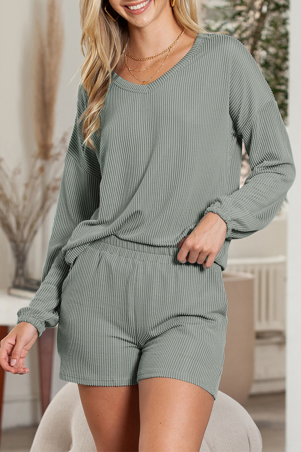 Grass Green Corded V Neck Slouchy Top & Pocketed Shorts Set