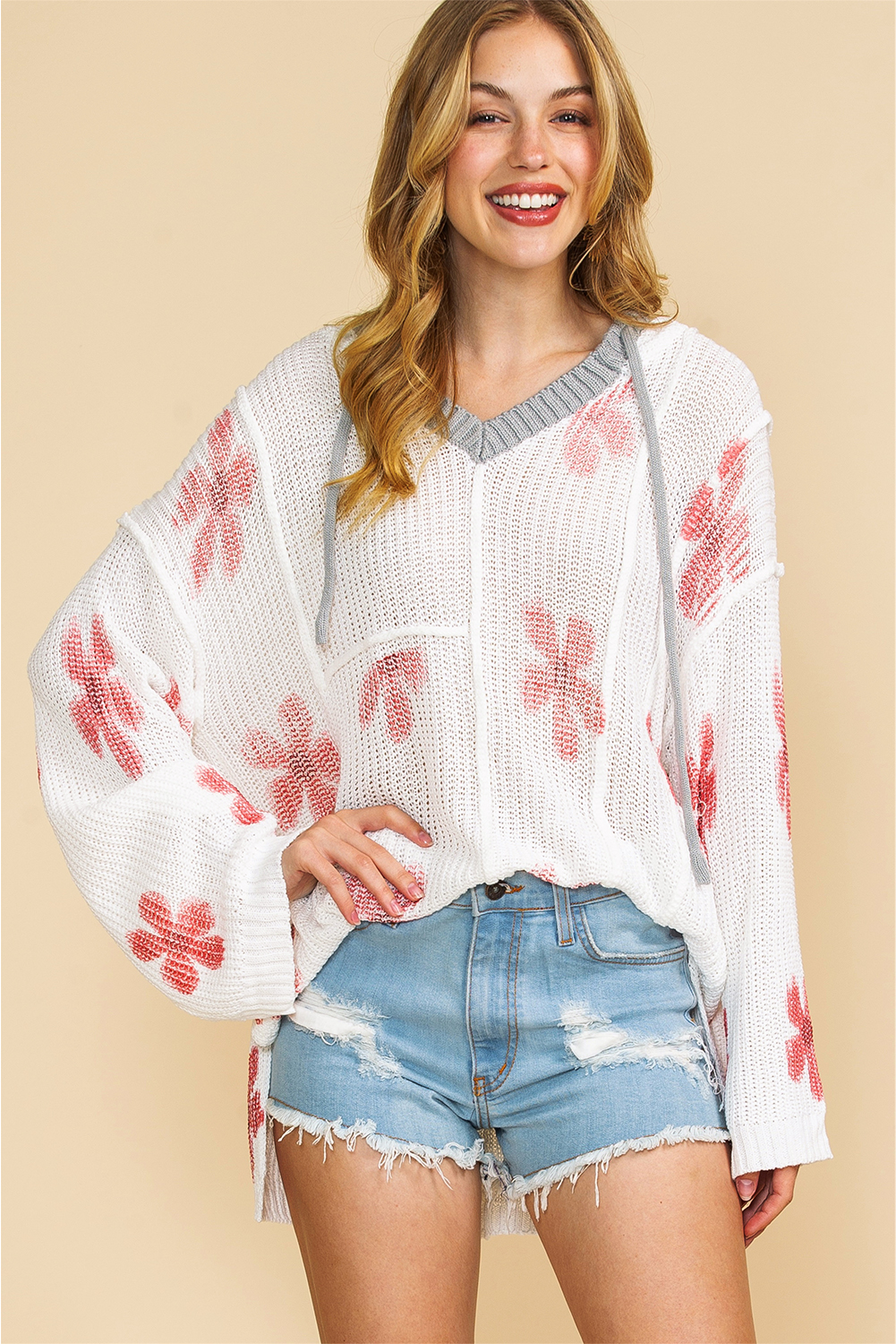Shewin Wholesale Western Clothing  White Floral Print Oversized Knit Hooded SWEATER