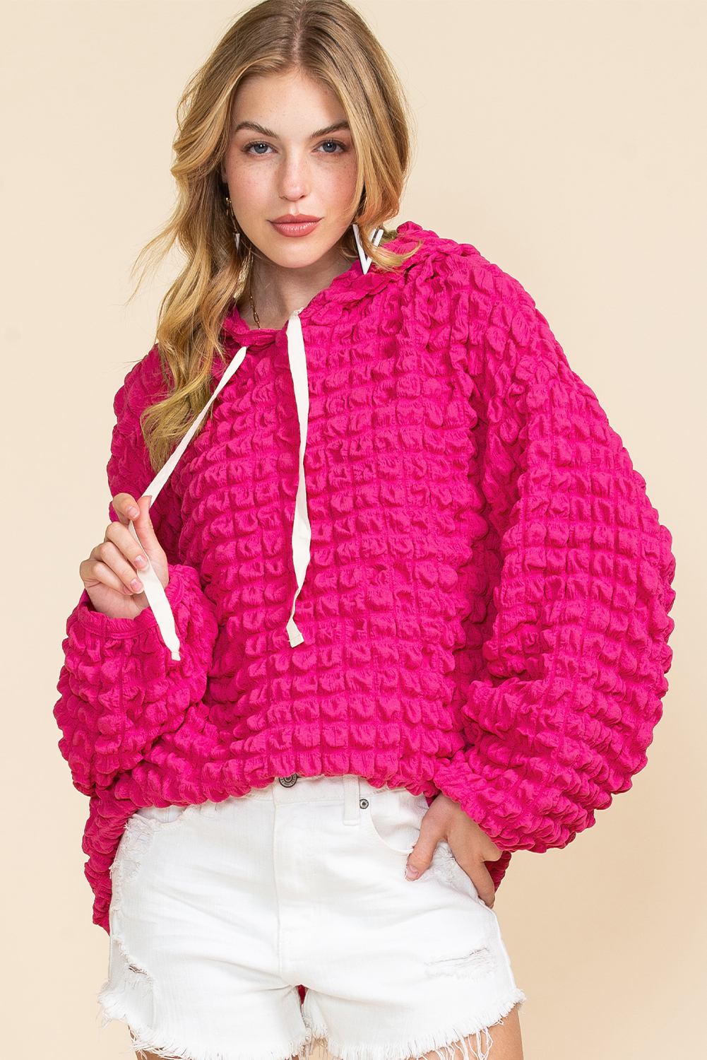 Shewin Wholesale Apparel Stores Rose Waffle Textured Drawstring Pullover Hoodie