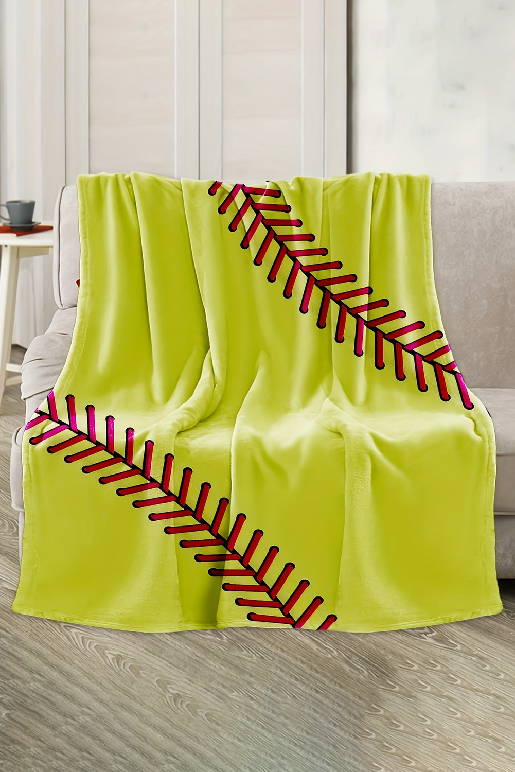 Yellow Baseball Seam Print Soft Flannel Blanket