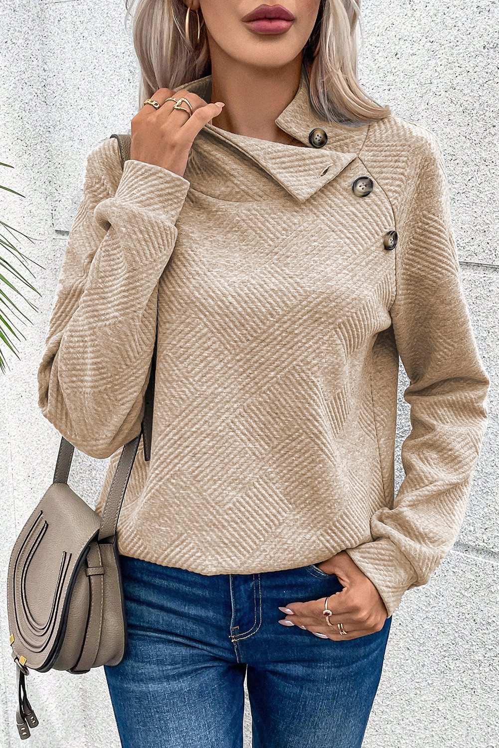 Apricot Solid Color Button Detail Textured Sweatshirt