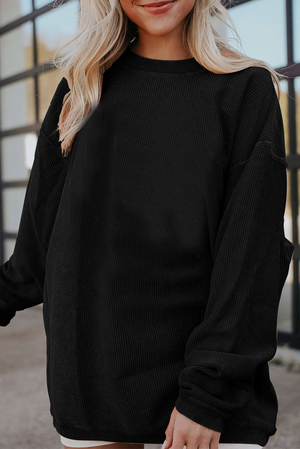 Shewin Wholesale Cheap Black Solid Color Ribbed Oversized Sweatshirt
