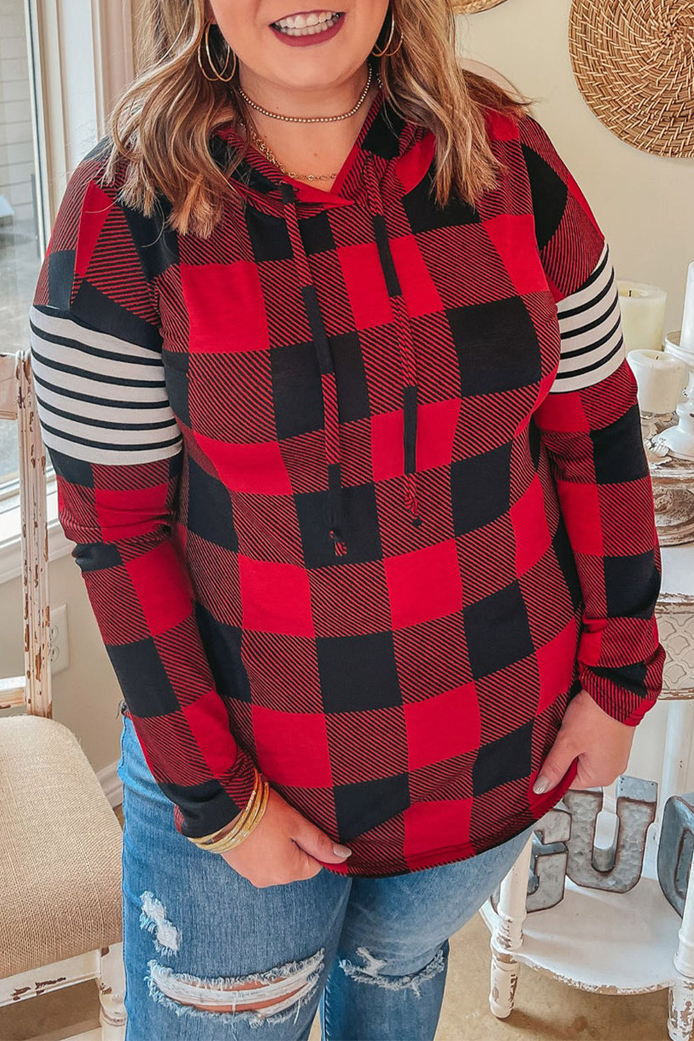 Red Plus Size Plaid Striped Patch Sleeve Hoodie