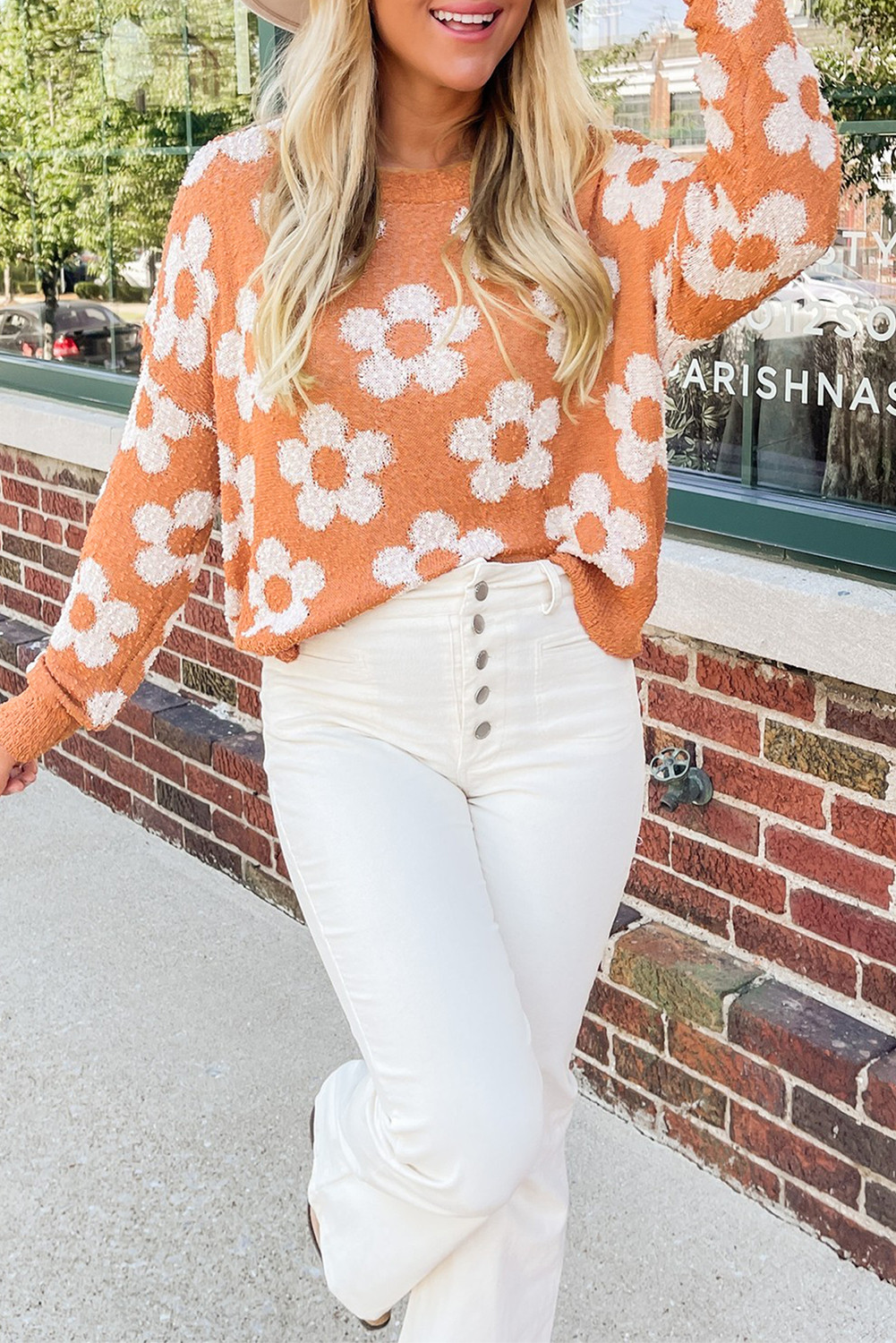 Orange Floral Print Fuzzy Knitted Drop Shoulder Sweater