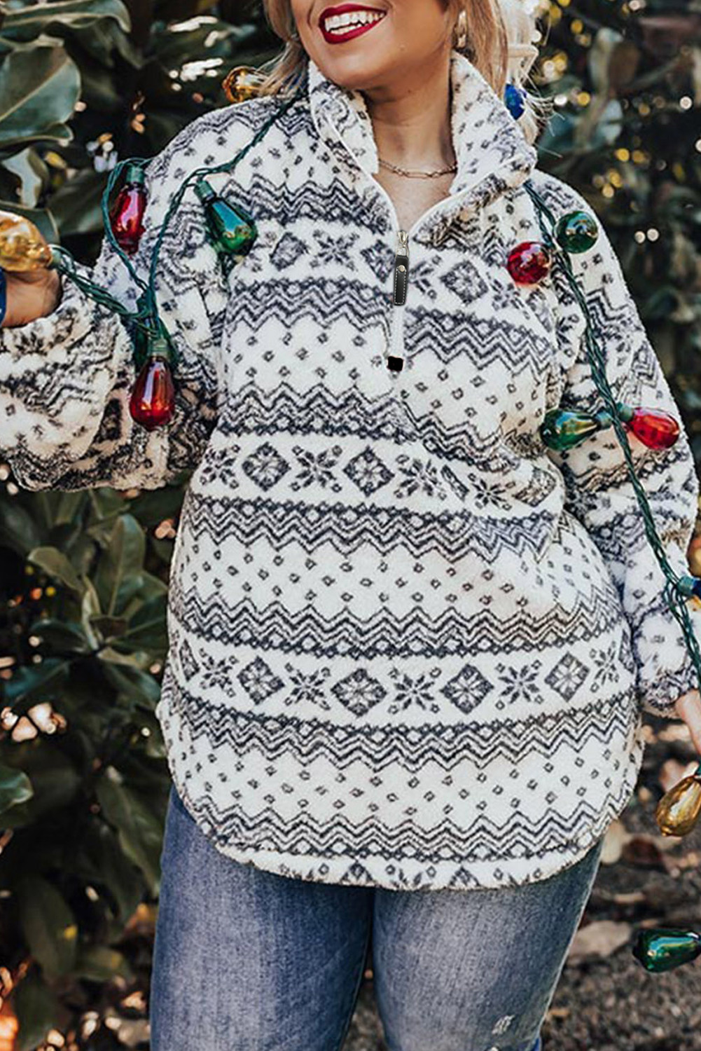 White Sherpa Geometric Print Quarter Zip Plus Size Sweatshirt