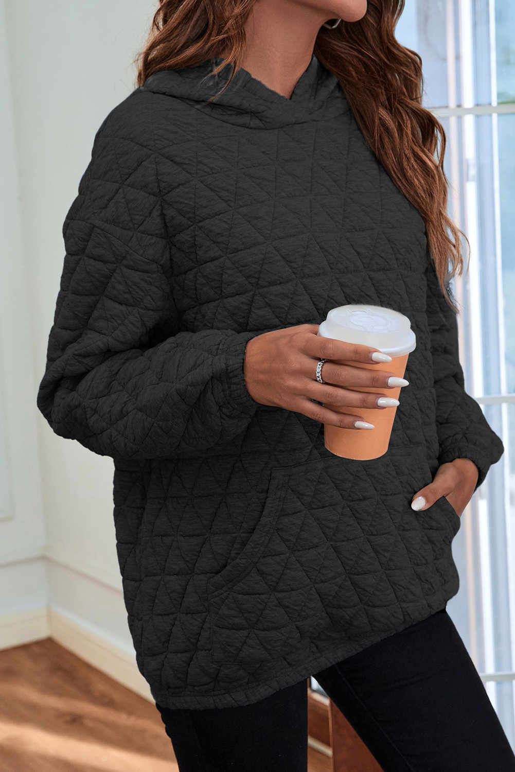 Black Thermal Quilted Kangaroo Pocket Hoodie