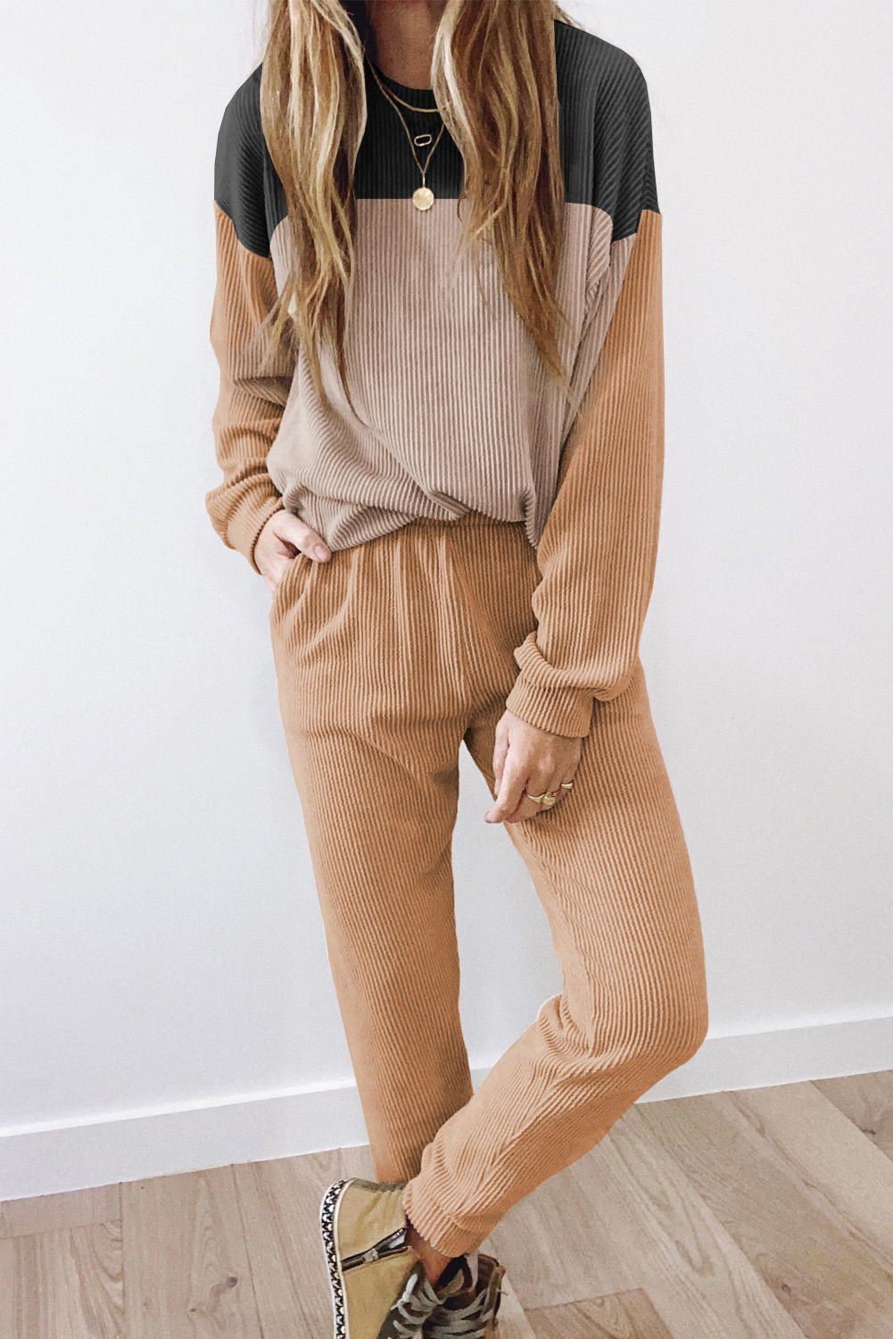 Khaki Colorblock Corded Slouchy Top and PANTS Set