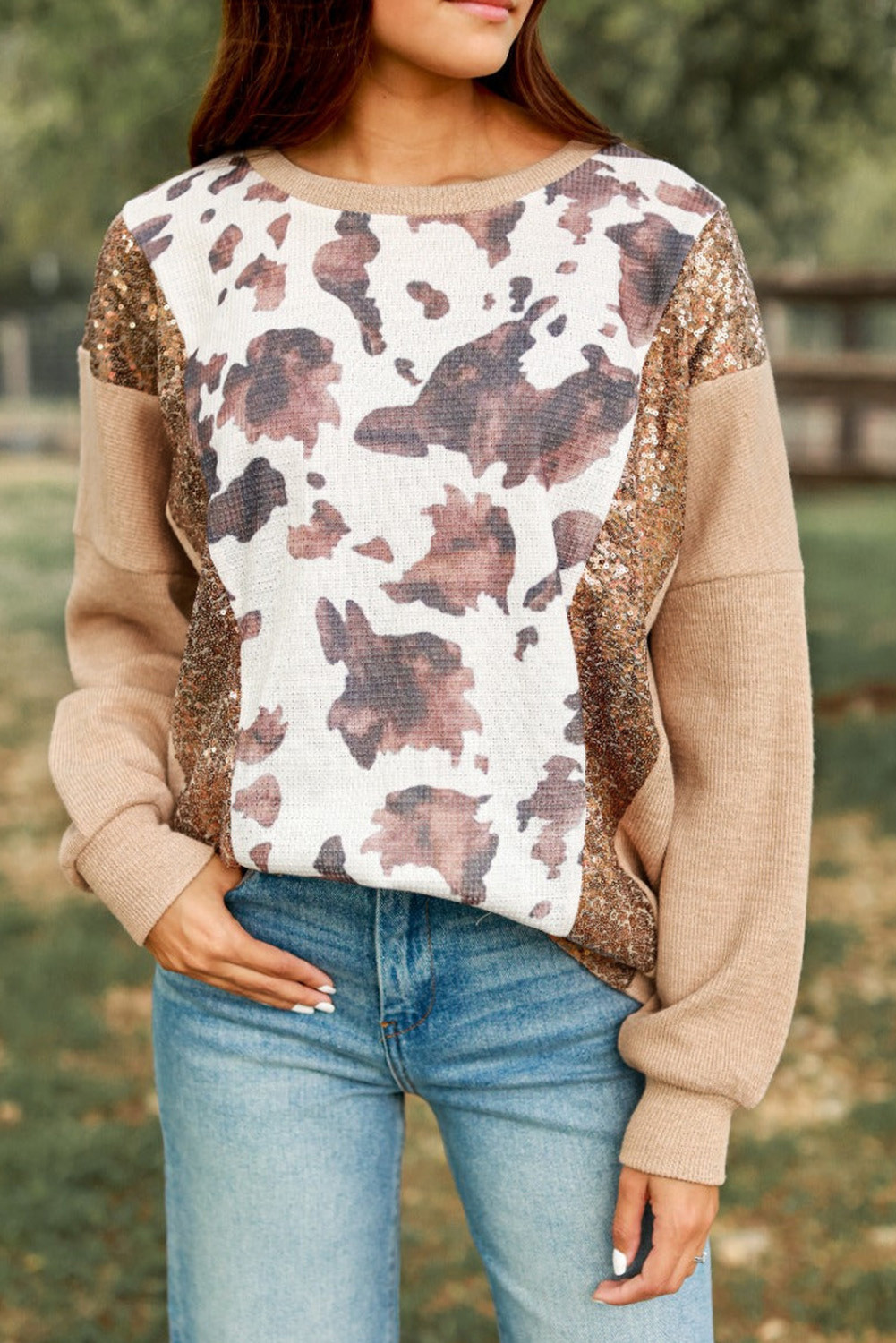 Smoke Gray Abstract Print Sequin Patch Ribbed Top