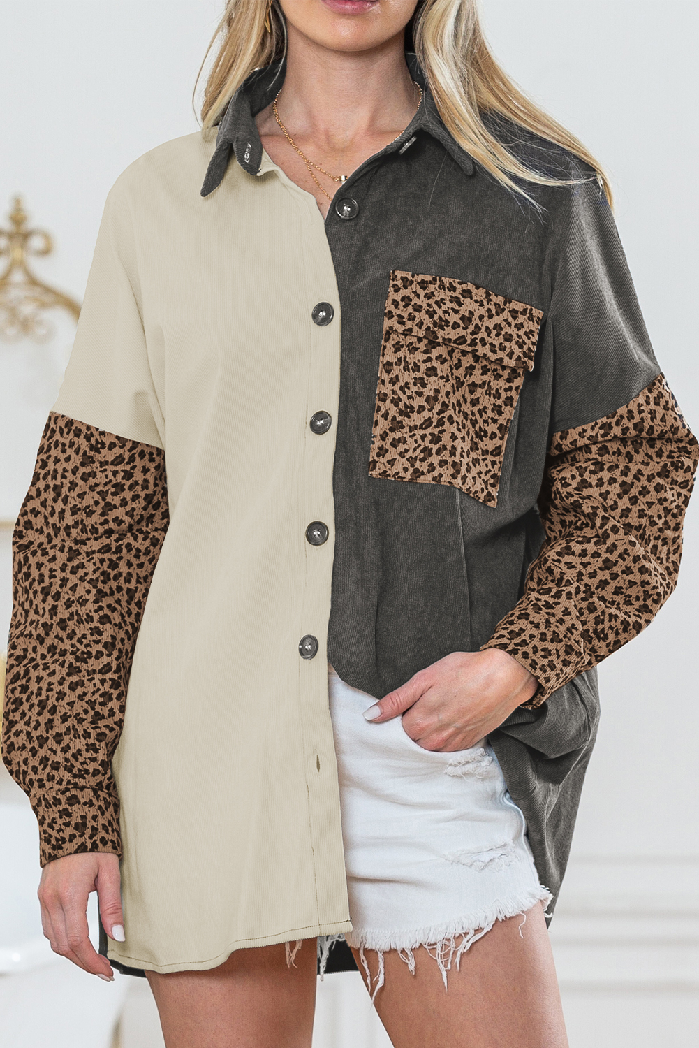 Shewin Wholesale Apparel Suppliers Gray Color Block Leopard Patchwork Casual Corduroy Shacket
