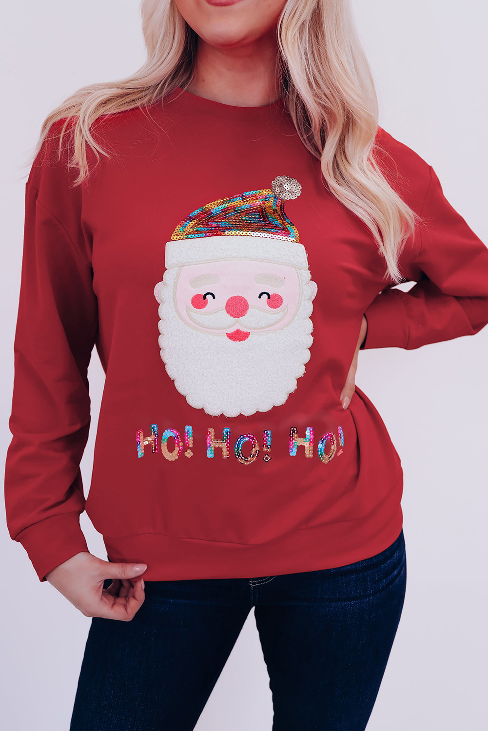 Red HO HO HO Sequined Santa Claus Graphic Sweatshirt