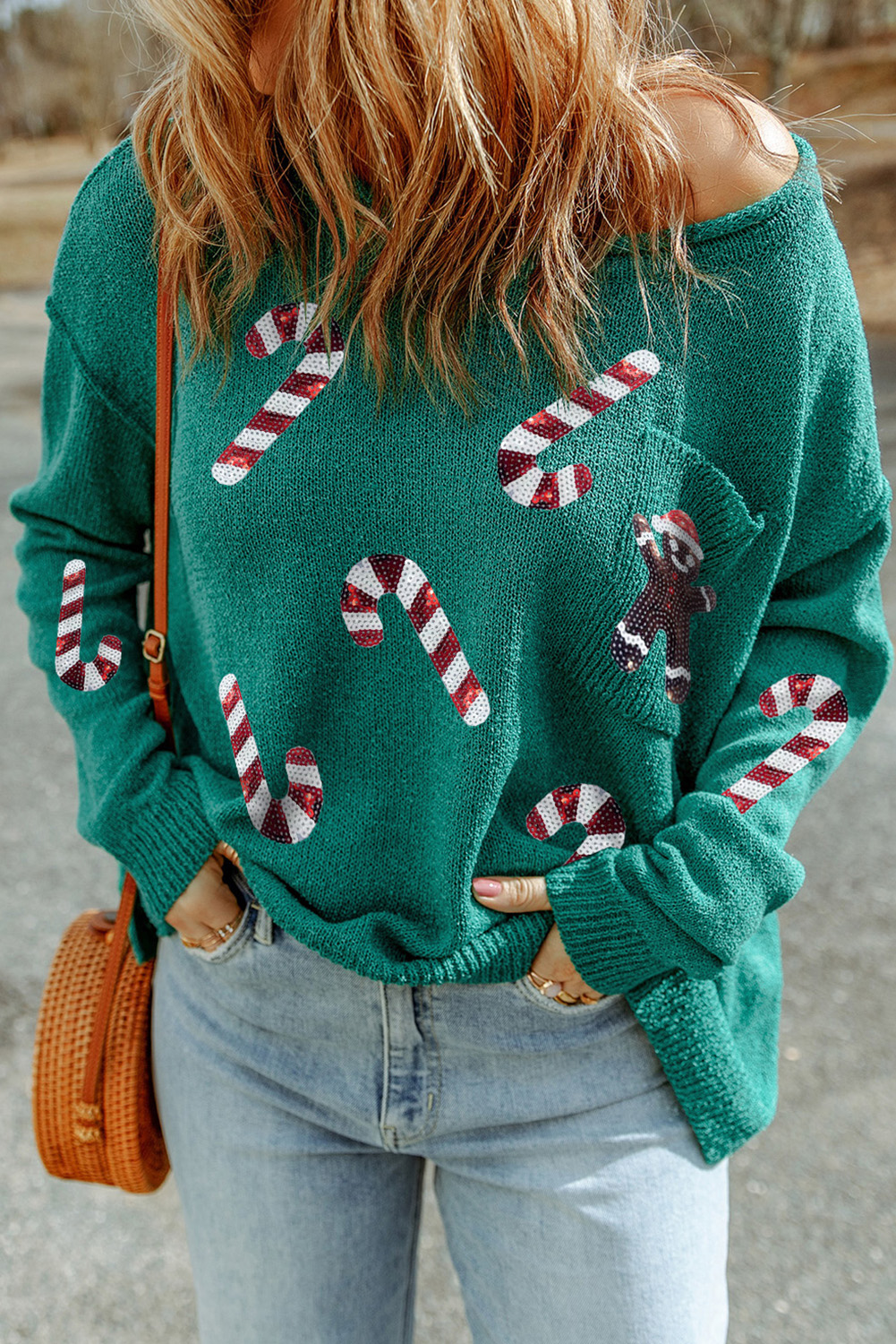 Shewin Wholesale Clothes Stores Green Sequined CANDY Canes Gingerbread Man Graphic Sweater