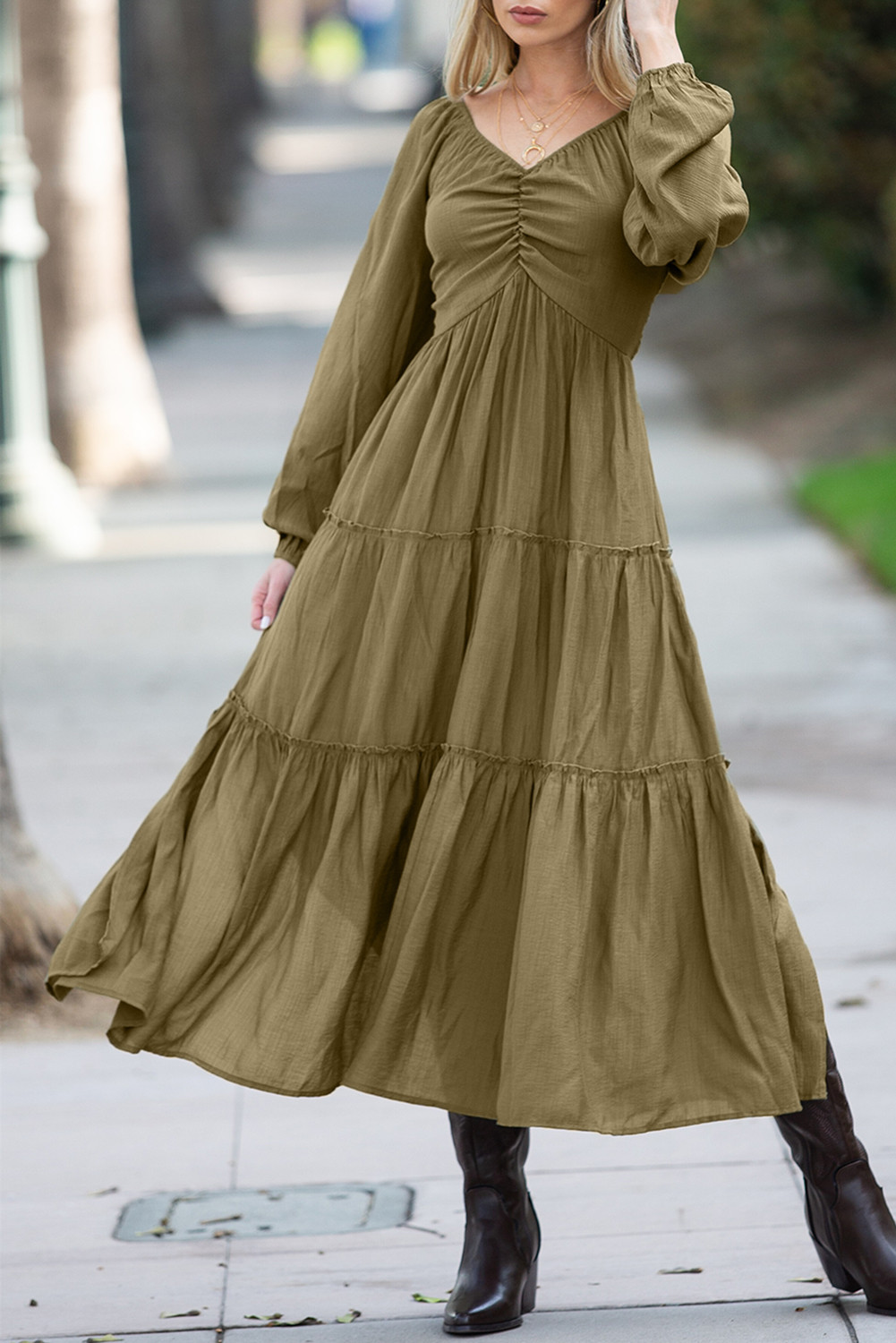 Green V Neck Bowknot Cutout Frill Tiered Maxi Dress