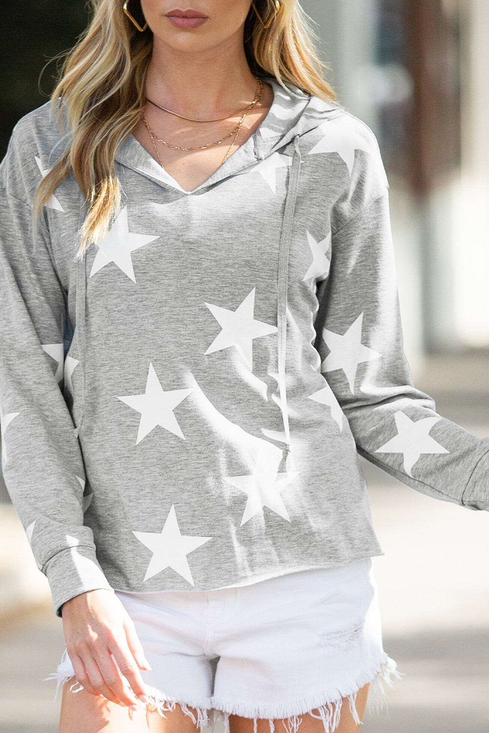 Light Grey Stars Print V-Neck Drawstring Hoodie