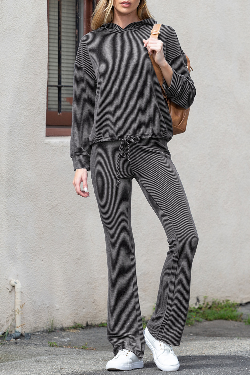 Black Ribbed Drawstring Waist Hoodie and Pants Set