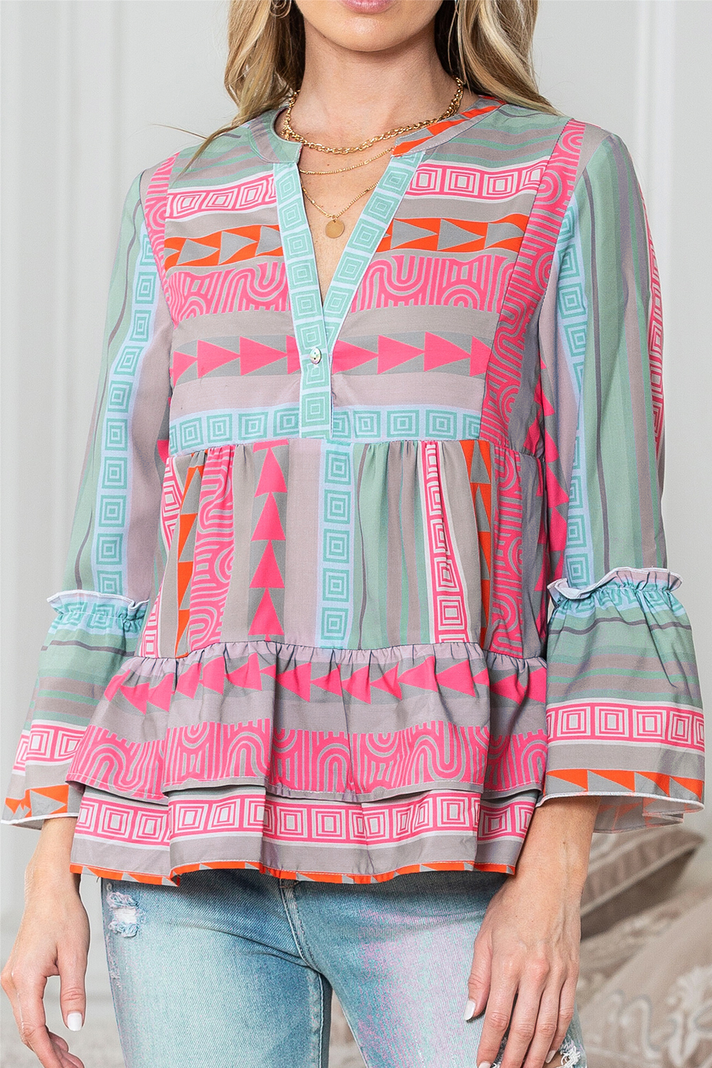 Shewin Wholesale WESTERN Clothes Multicolor V-Neck Boho Geometric Print Ruffle Blouse