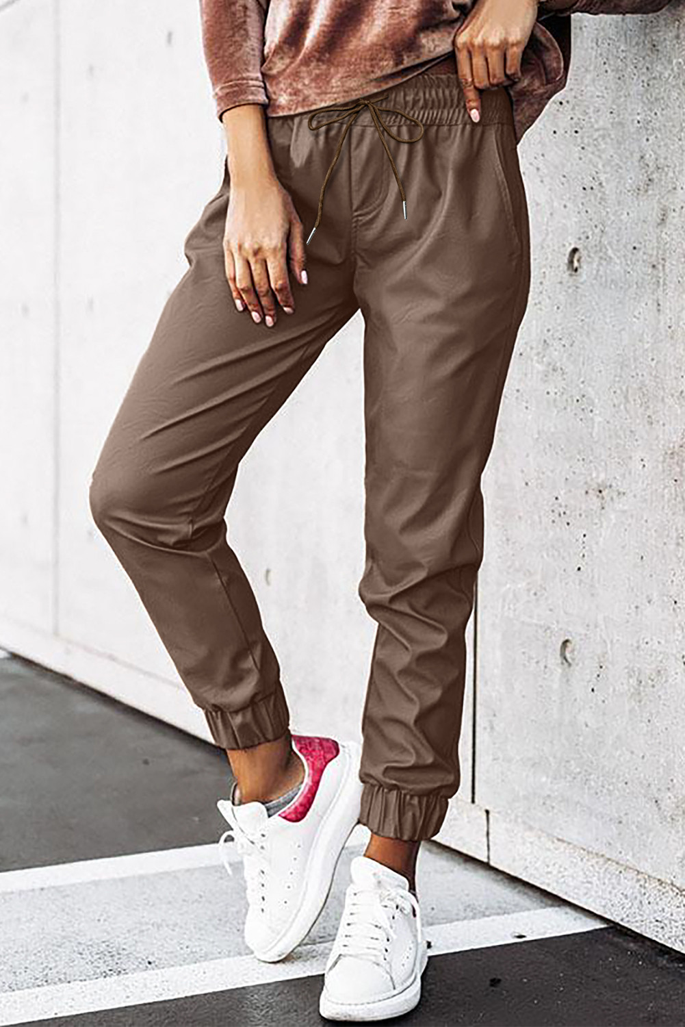 Brown Leather Tie Elastic Waist Jogger Pants