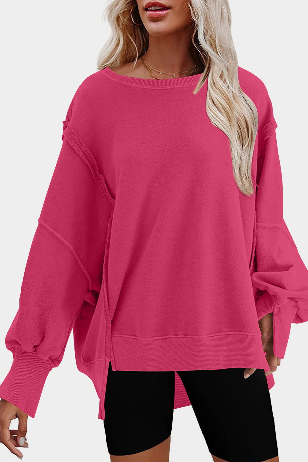 Shewin Wholesale Cheap Rose Exposed Seam Drop Shoulder Slit High Low Hem Sweatshirt