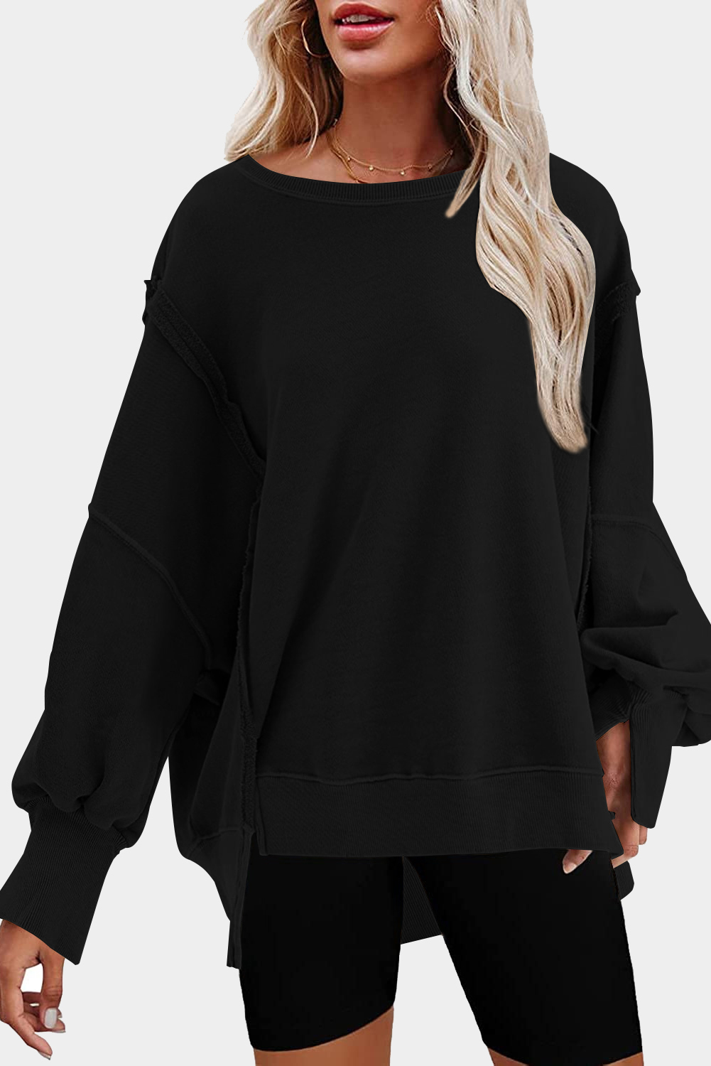 Shewin Wholesale Cheap Black Exposed Seam Drop Shoulder Slit High Low Hem Sweatshirt