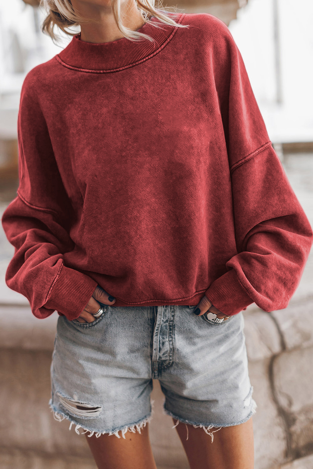 Shewin Wholesale Distributor Ruby Plain Drop Shoulder Crew Neck Pullover Sweatshirt
