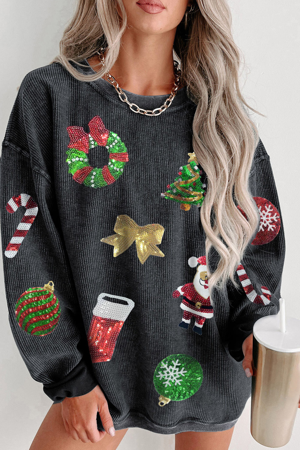 Shewin Wholesale Elegant Black Sequined CHRISTMAS Graphic Corded Sweatshirt