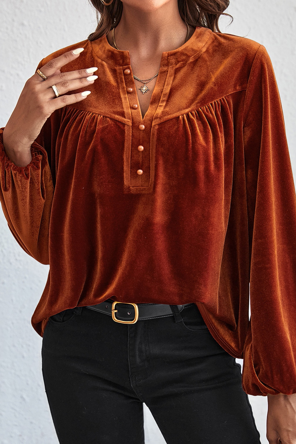 Gold Flame Beaded Split V Neck Lantern Sleeve Velvet Top
