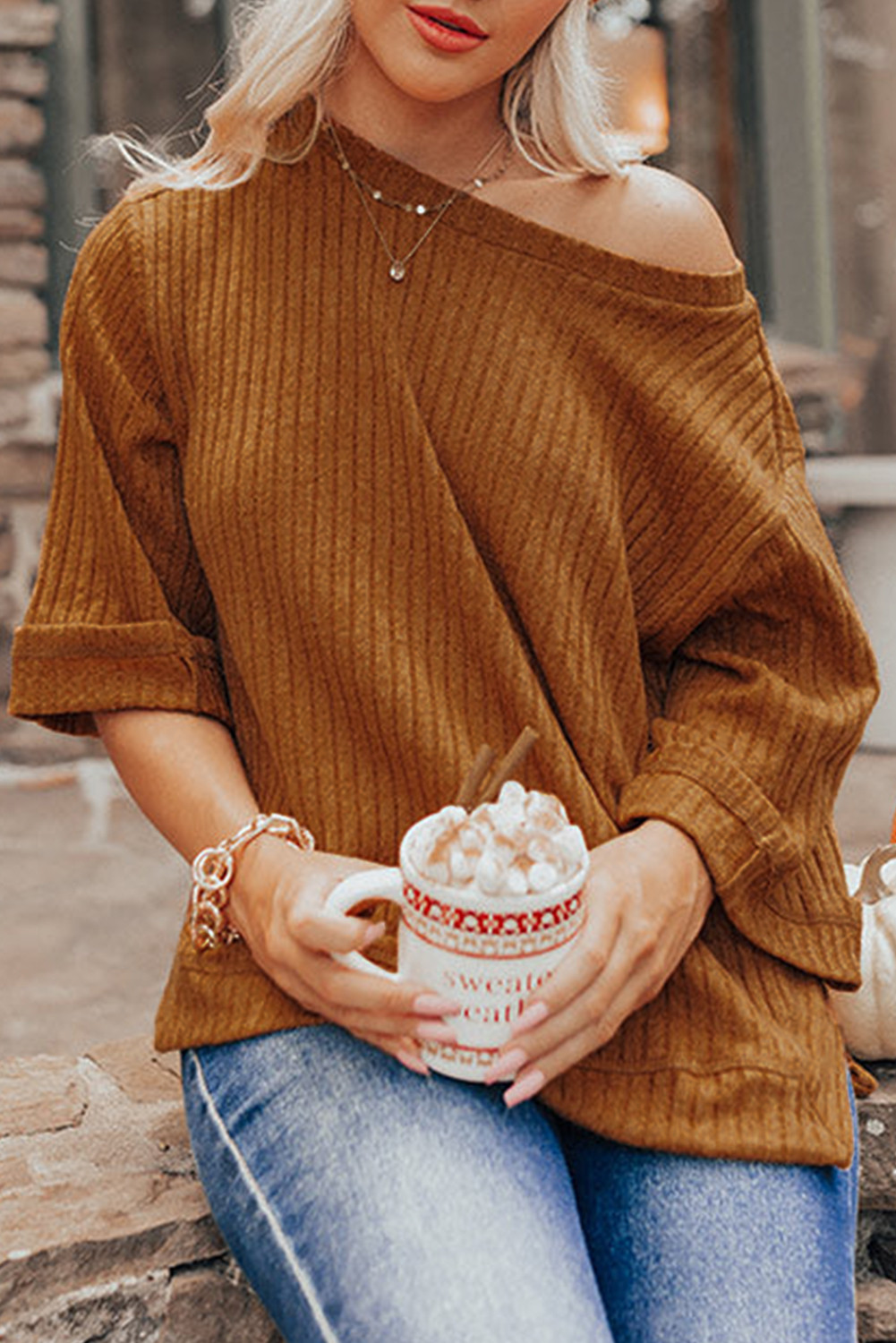 Gold Flame Ribbed Knit Three Quarter Sleeve T-shirt