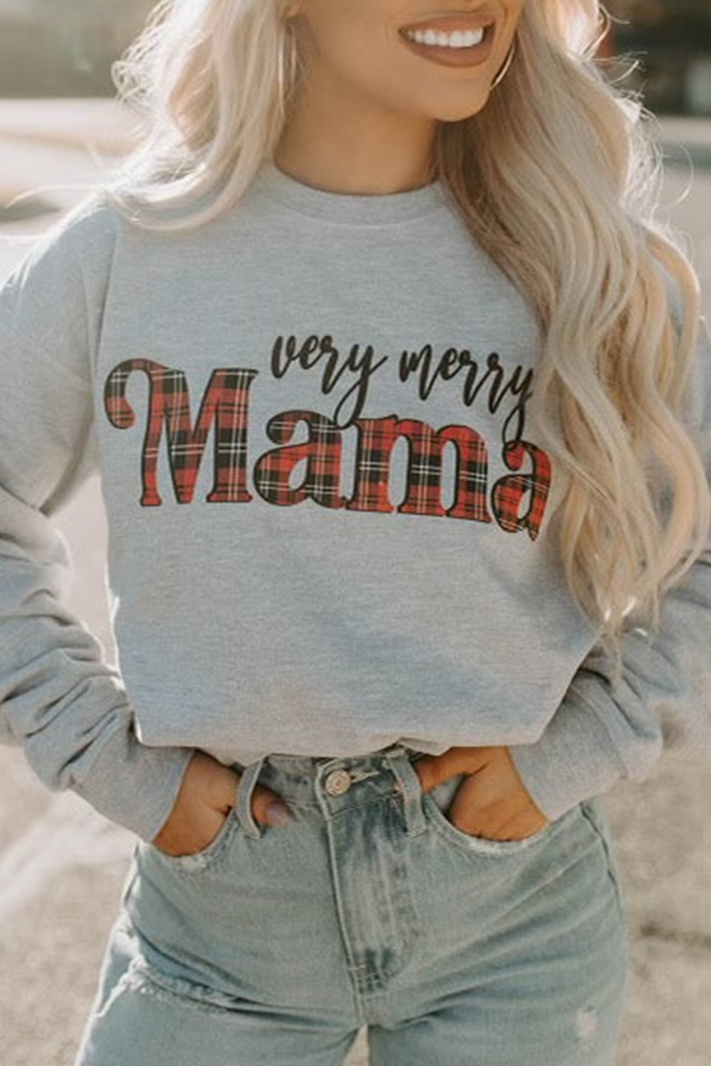 Gray Very Merry Mama Christmas Letter Print Graphic Sweatshirt