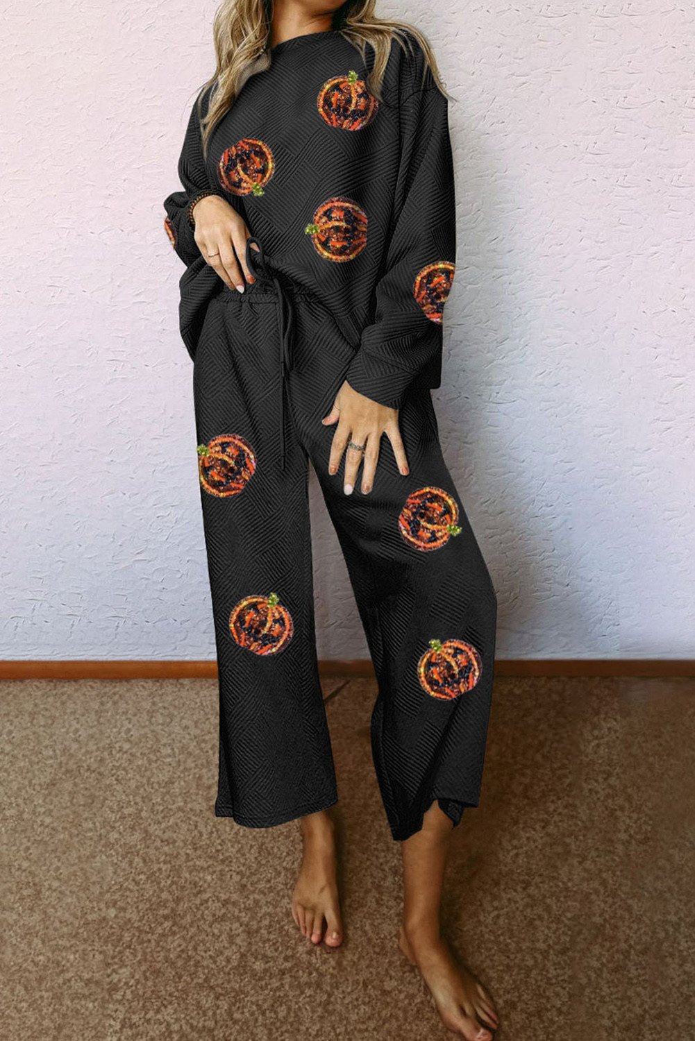 Black Textured Sequined Pumpkin Face Graphic Pants Set