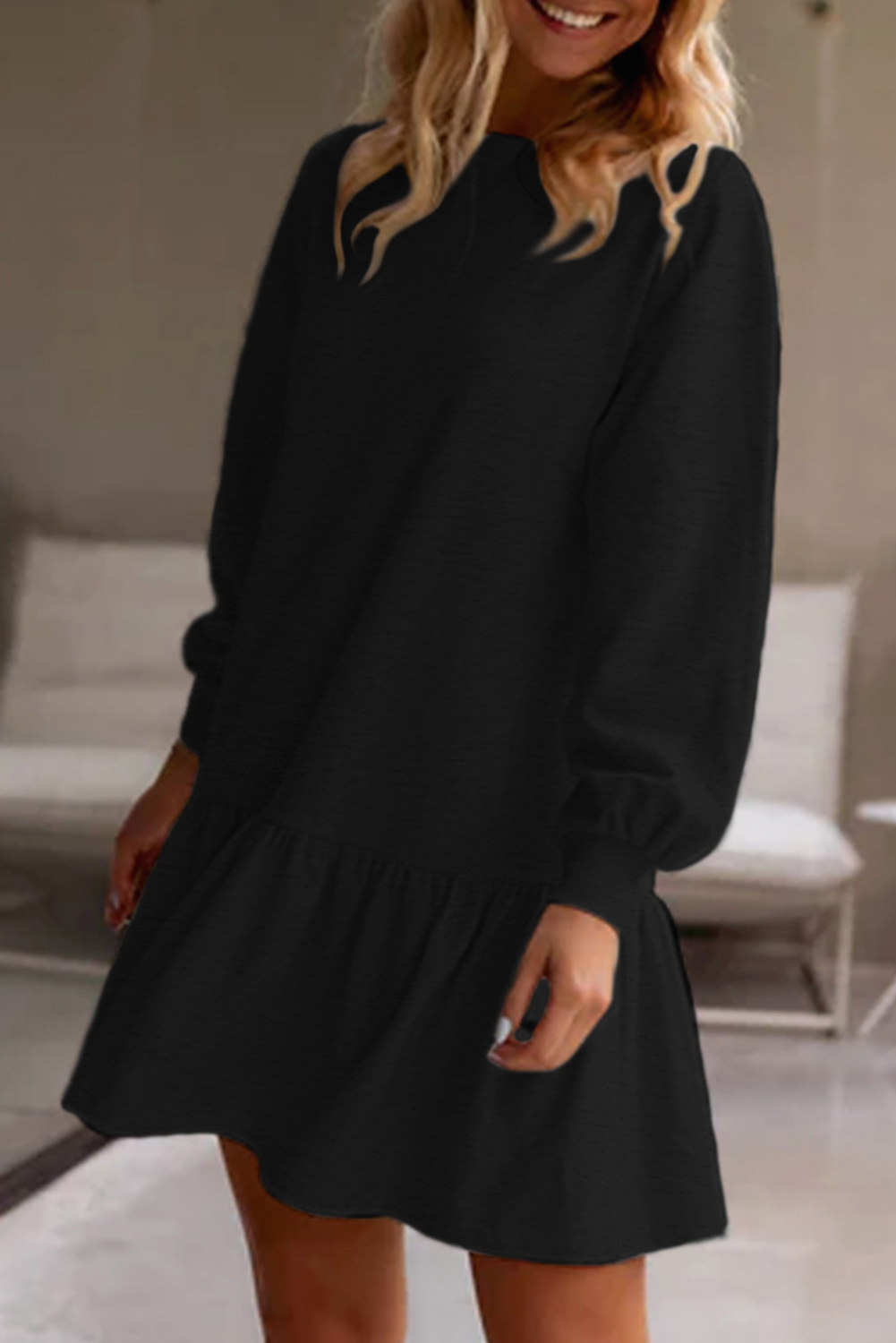 Shewin Wholesale Cheap Black Solid Color Ruffle Hem Mini Sweatshirt DRESS