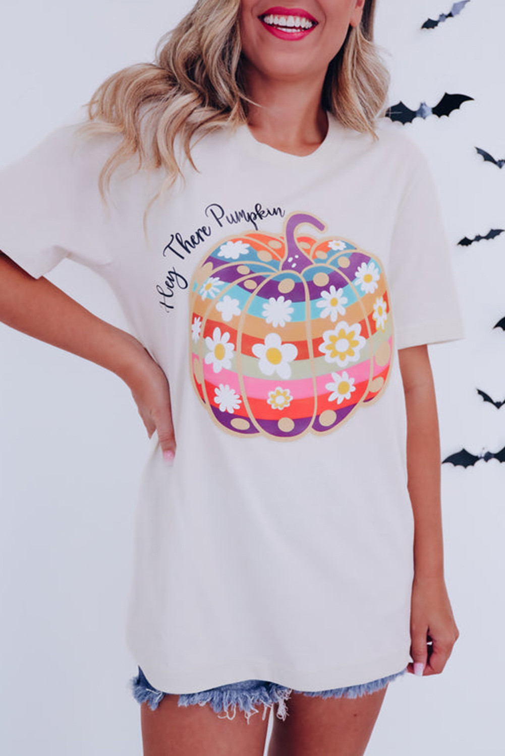 White Halloween Pumpkin Floral Print Crew Neck GraphicT Shirt