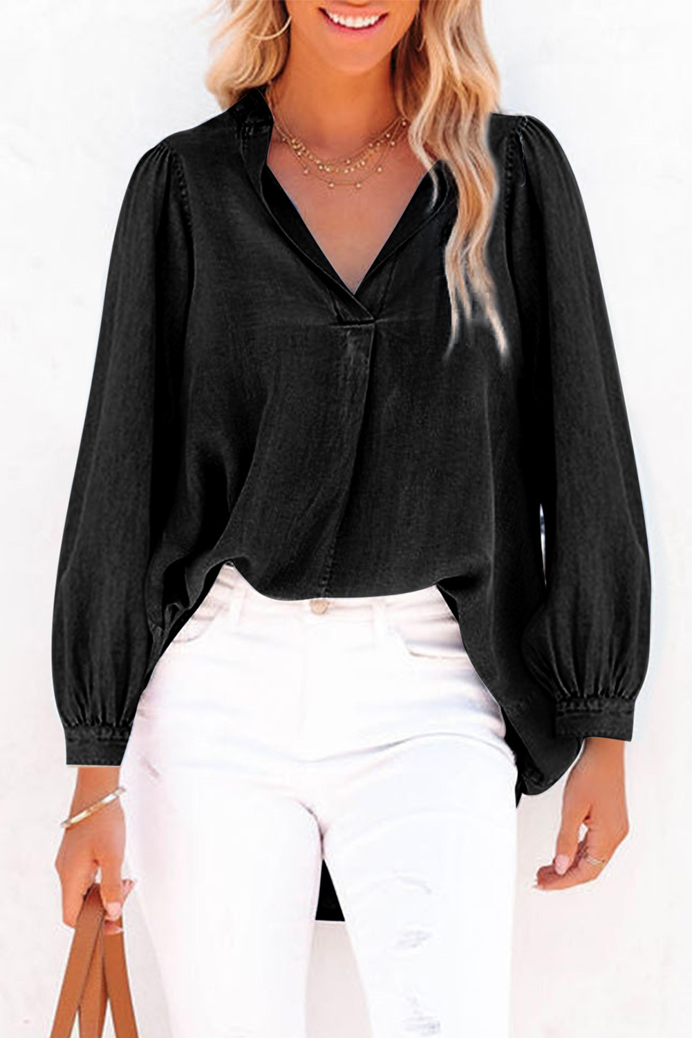 Black Puff Sleeve Slit V-Neck Denim Blouse