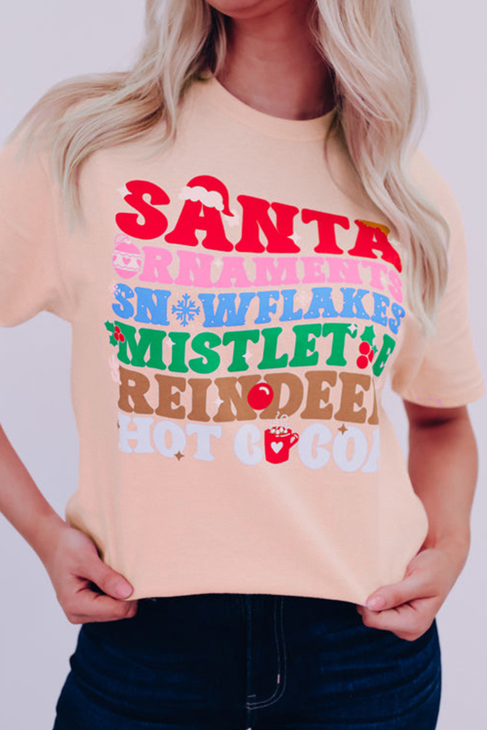 Pink Christmas Slogan Print Round Neck Graphic Tee