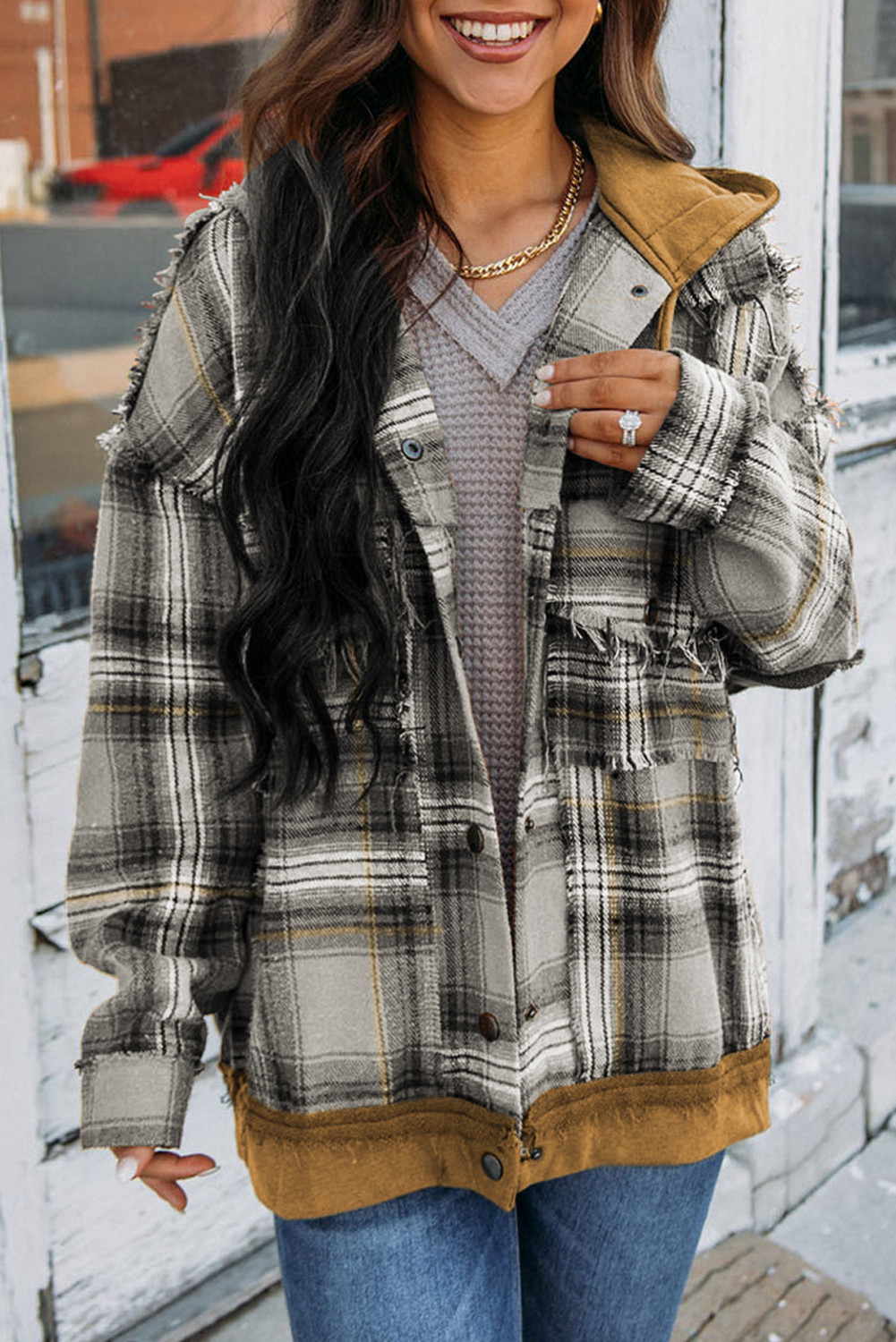 Grey Plaid Patchwork Frayed Trim Snap Button Hooded Jacket