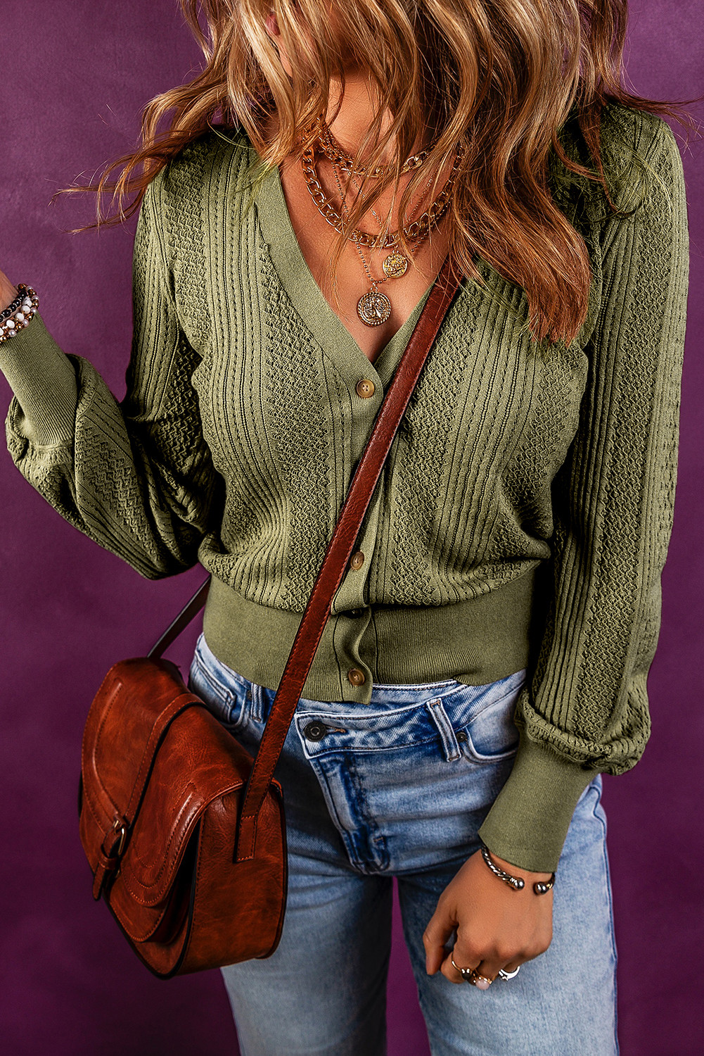 Cypress Casual V Neck Buttoned Up Textured Cardigan